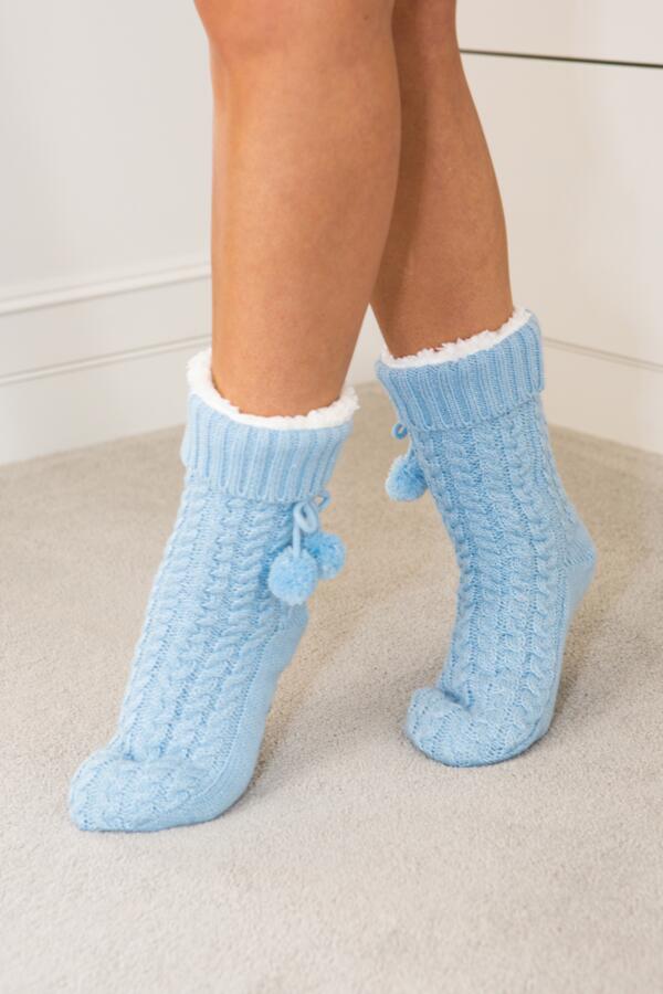 Cosy Cable Lined Knit Slipper Sock - Light Blue