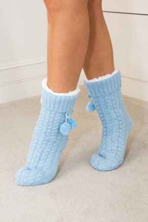 Cosy Cable Lined Knit Slipper Sock  - Light Blue