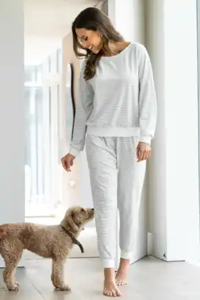 Cosy Fleece Sweatshirt and Jogger Pyjama Set - Grey/White