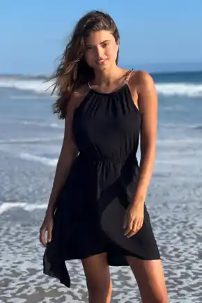 Gold Chain High Neck Beach Dress  - Black