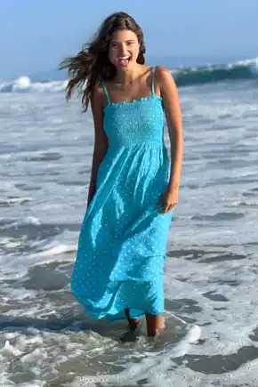 Strapless Shirred Bandeau Maxi Beach Dress - Aqua Spot