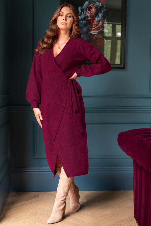 Elle Knit Midi Wrap Dress - Berry