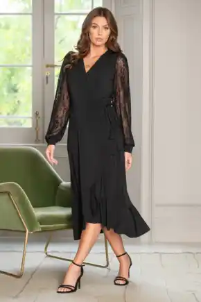 Carrie Lace Sleeve Midi Slinky Jersey Wrap Dress - Black