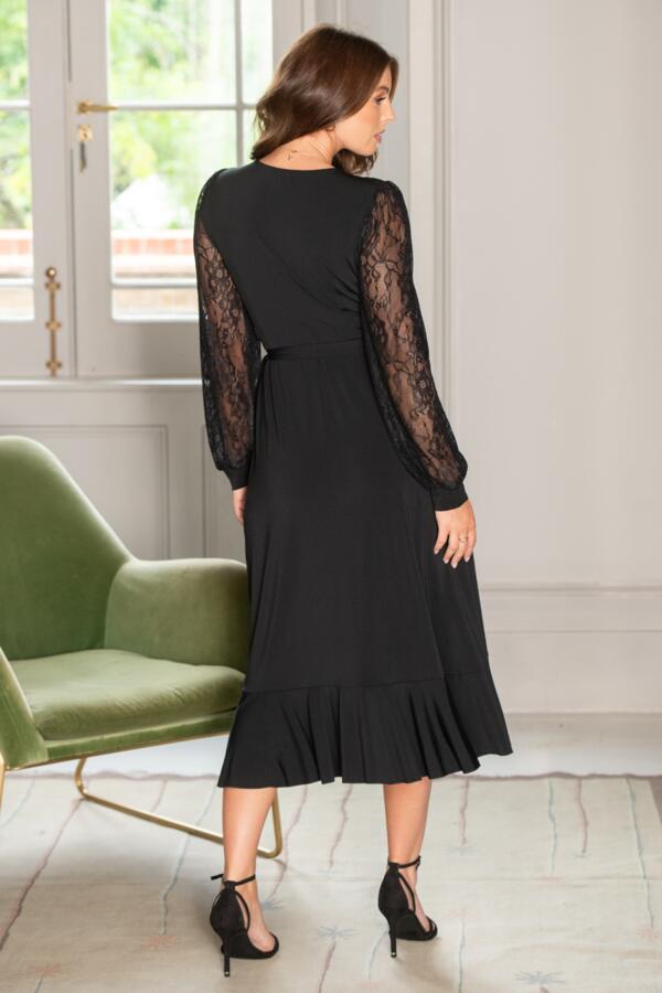 Carrie Lace Sleeve Midi Slinky Jersey Wrap Dress