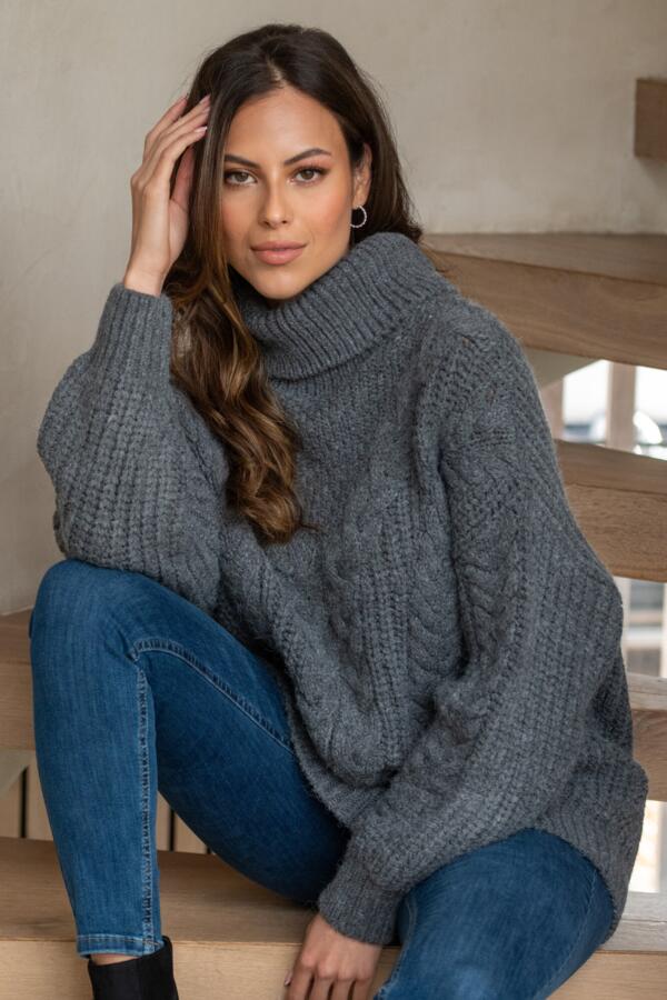 Alice Chunky Cable Knit Roll Neck Knit Jumper - Charcoal