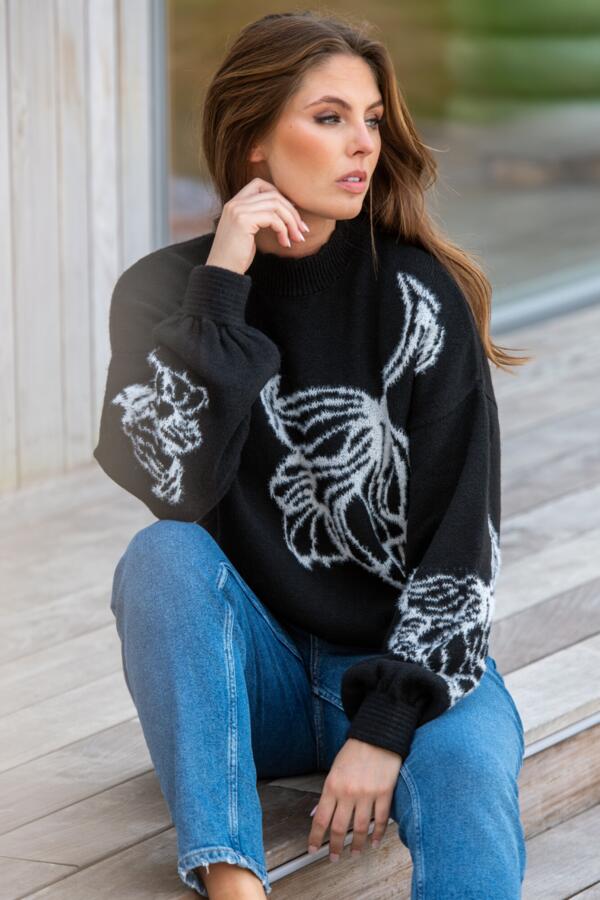 Belle Contrast Floral Jacquard Knit Jumper - Black/White