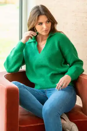 Kerry V-Neck Textured Knit Collared Jumper  - Green
