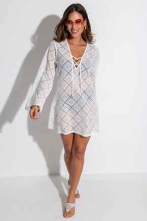 Crochet Lace Long Sleeve Beach Cover Up - Ivory