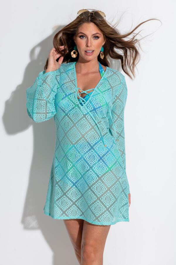 Free Spirit Crochet Lace Long Sleeve Beach Cover Up