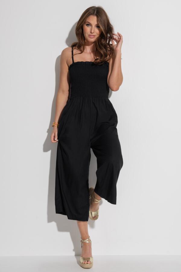 Strapless Shirred Bodice Crop Leg Beach Jumpsuit