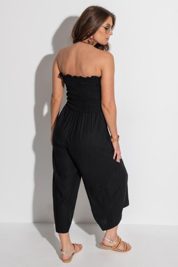 Strapless Shirred Bodice Crop Leg Beach Jumpsuit