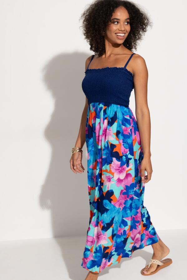 Strapless Shirred Bodice Maxi Beach Dress