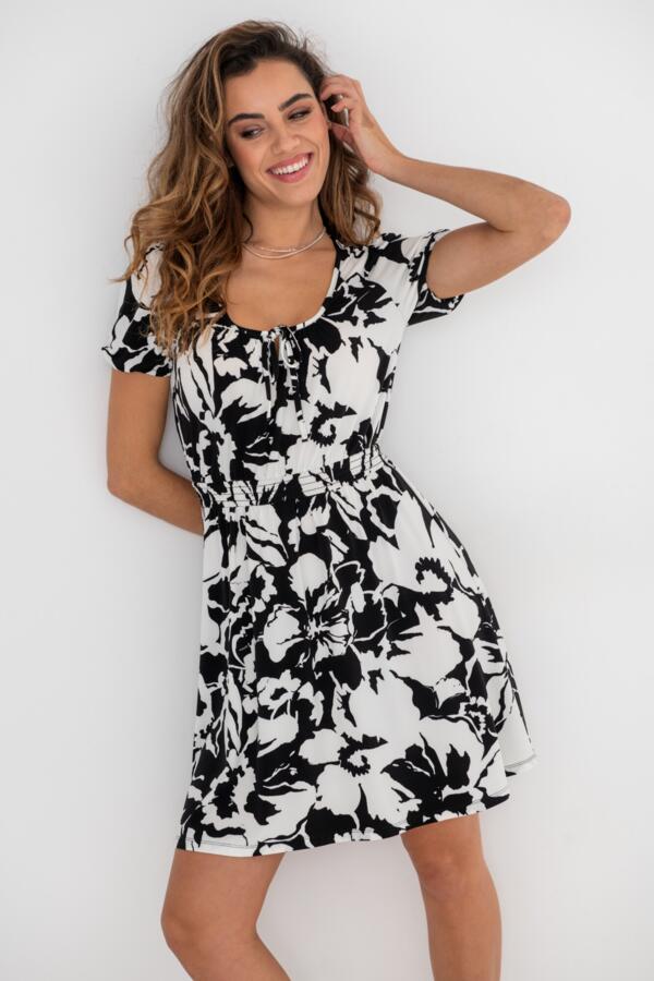 Evangeline Fuller Bust Gathered Neckline Slinky Jersey Dress - Mono Floral