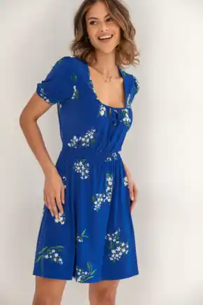 Evangeline Fuller Bust Gathered Neckline Slinky Jersey Dress - Cobalt Floral