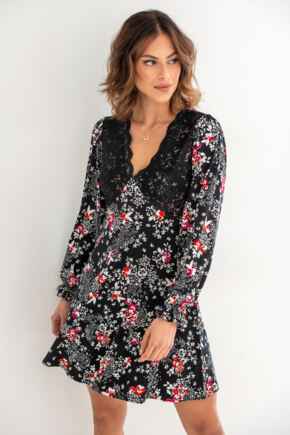 Anya Fuller Bust Lace Detail Slinky Jersey Long Sleeve Tea Dress - Black Multi