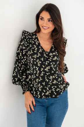 Maggie Fuller Bust Woven Button Through Frill Blouse - Black Ditsy