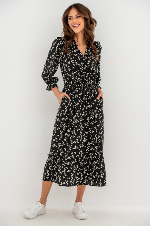 Maggie Fuller Bust Woven Frill Midi Dress - Black Ditsy