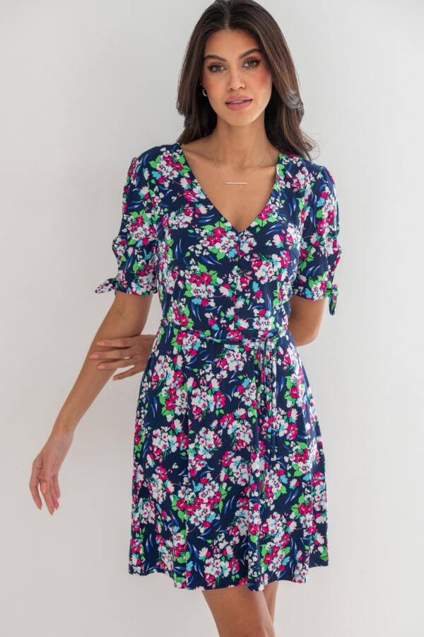 Bella Fuller Bust Slinky Stretch Tie Sleeve Tea Dress - Navy Floral