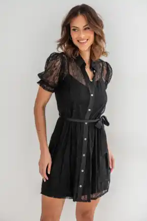 Clara Fuller Bust Short Puff Sleeve Lace Dress - Black