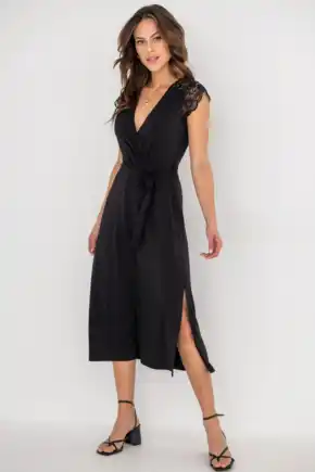 Julie Fuller Bust Slinky Jersey Lace Trim Midi Dress - Black
