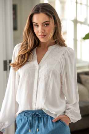 Stacie Fuller Bust Embroidered Woven Long Sleeve Blouse - Ivory
