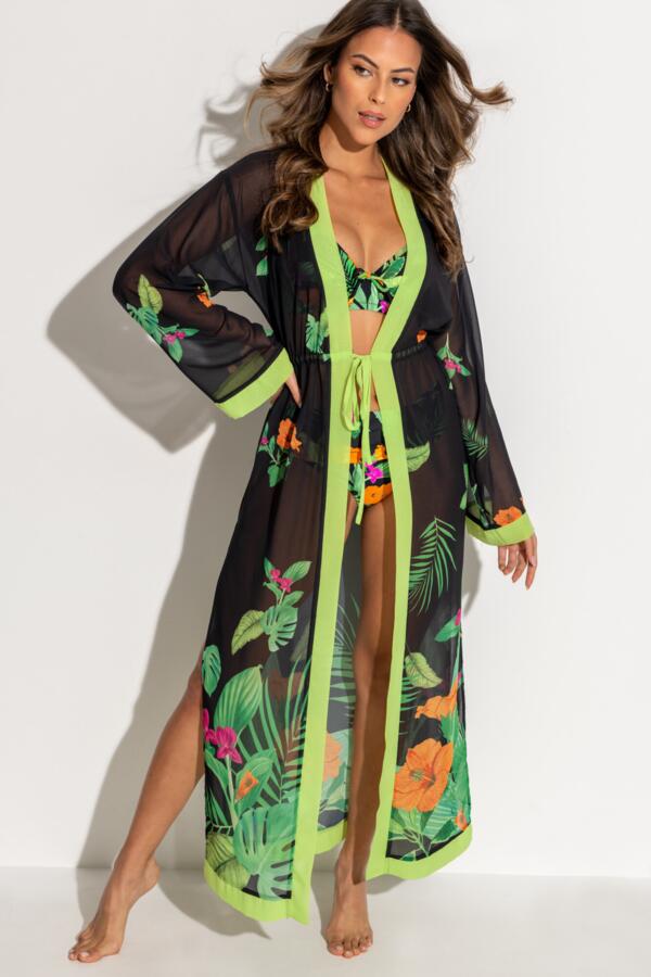 Colour Block Maxi Chiffon Kimono - Tropical