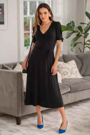 Bella Fuller Bust Slinky Stretch Tie Sleeve Midi Dress - Black