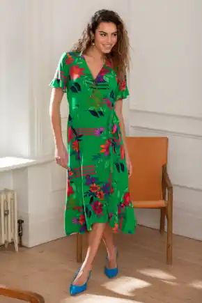 Megan Fuller Bust Slinky Jersey Frill Detail Midi Wrap Dress - Green Multi