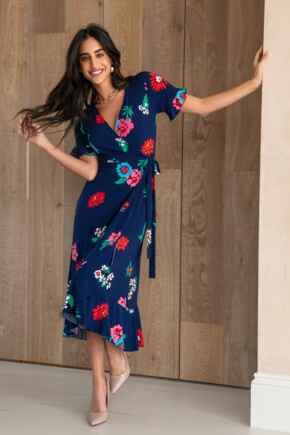 Megan Fuller Bust Slinky Jersey Frill Detail Midi Wrap Dress - Navy Floral