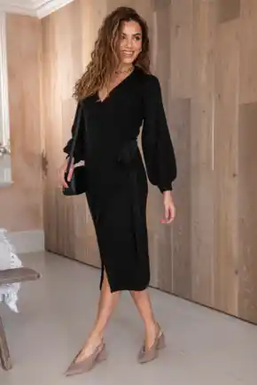 Elle Knit Midi Wrap Dress - Black