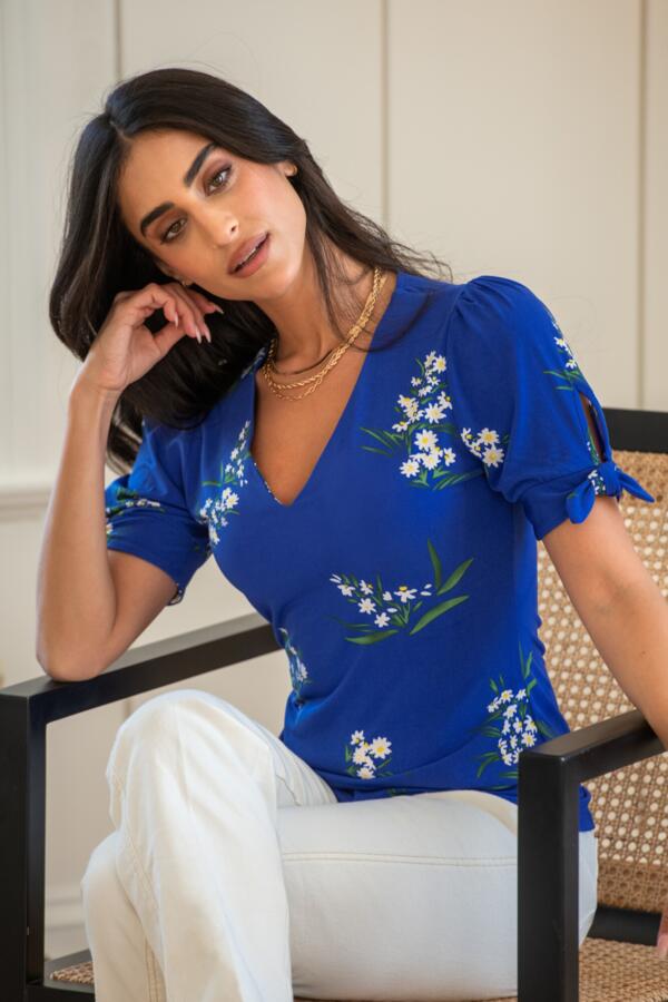 Bella Fuller Bust V-Neck Slinky Stretch Top - Cobalt Floral