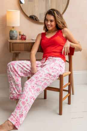 Luxe Woven Trouser & Cami Pyjama Set - Pink Floral