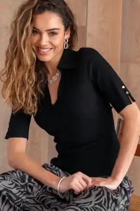 Eva Fuller Bust Rib Knit Half Sleeve Top with LENZING™ ECOVERO™ Viscose - Black
