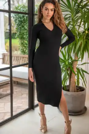 Eva Fuller Bust Rib Knit V-Neck Collar Midi Dress with LENZING™ ECOVERO™ Viscose - Black