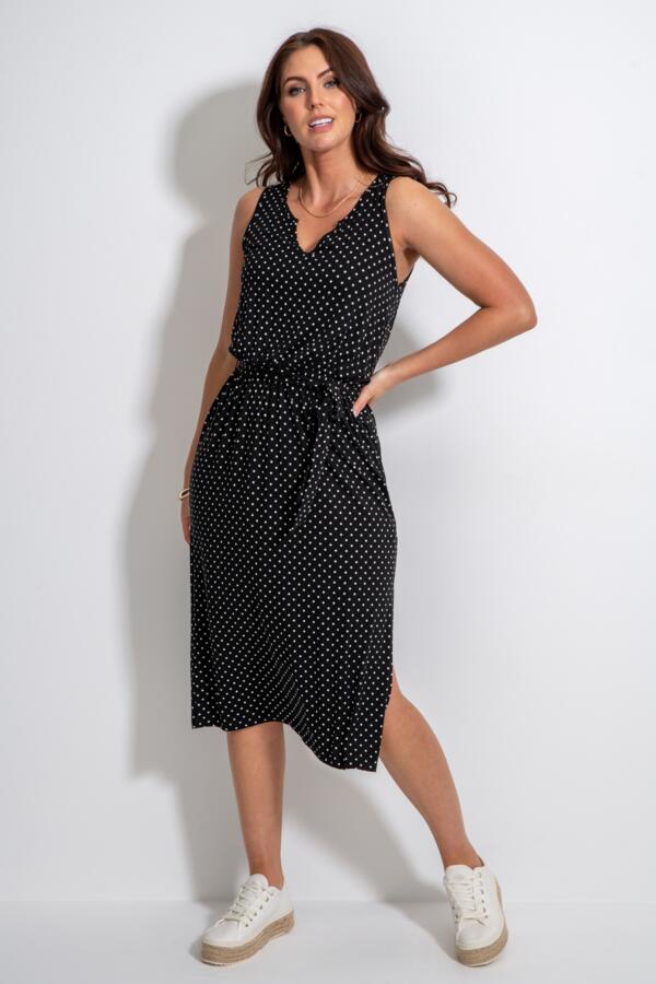 Jessie Fuller Bust Notch Neck Stretch Midi Dress - Black/White Spot