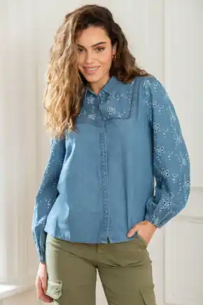 Bonnie Chambray Broderie Long Sleeve Shirt - Light Blue