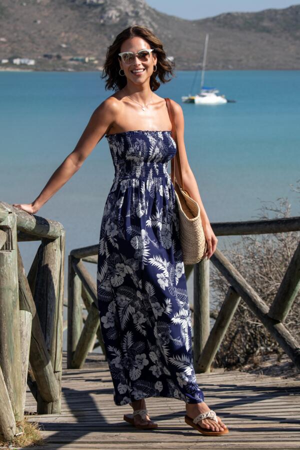 Strapless Shirred Bodice Maxi Beach Dress - Navy Tropical