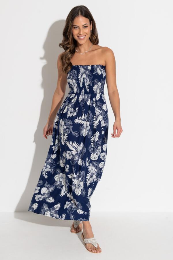 Strapless Shirred Bodice Maxi Beach Dress