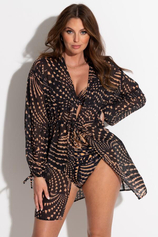 Chiffon Tie Sleeve Kimono - Gold/Black