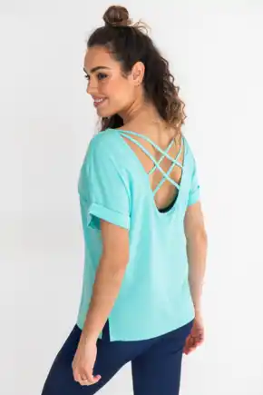 Energy Cross Back Short Sleeve Yoga Top with LENZING™ ECOVERO™ Viscose - Aqua