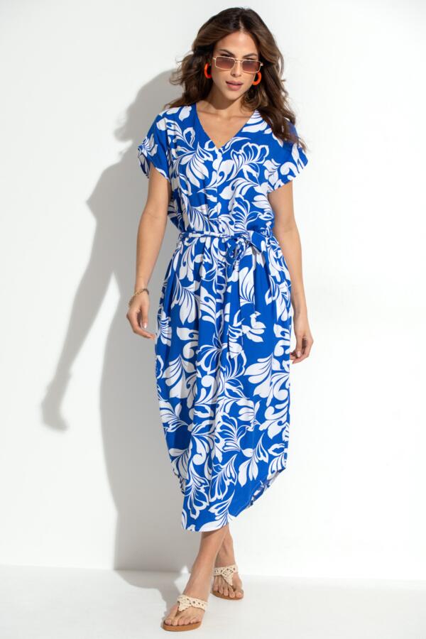 Belted Beach Kaftan Dress - Blue/White