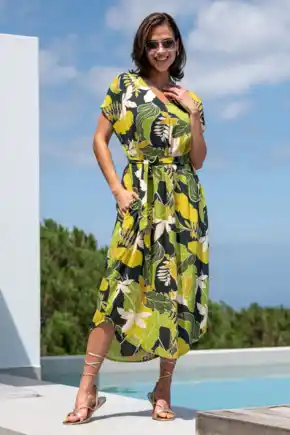 LENZING™ ECOVERO™ Viscose Belted Beach Kaftan Dress - Green Tropical