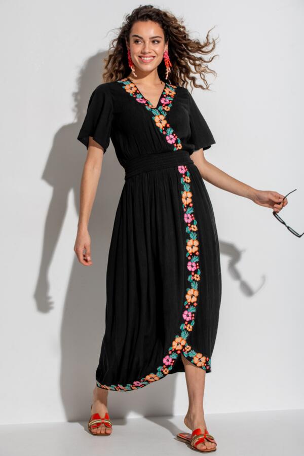 Crinkle Embroidered Beach Dress - Black/Multi