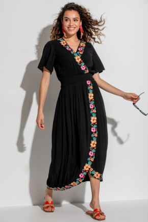 LENZING™ ECOVERO™ Viscose Crinkle Embroidered Beach Dress - Black/Multi