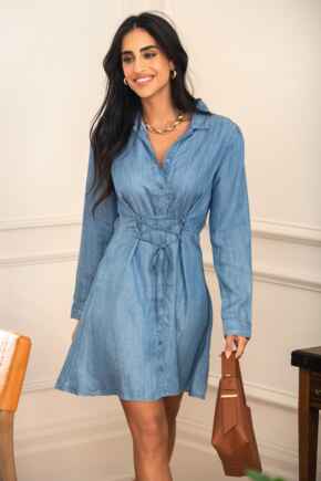Joanie Fuller Bust Lace Up Chambray Long Sleeve Dress - Denim Blue