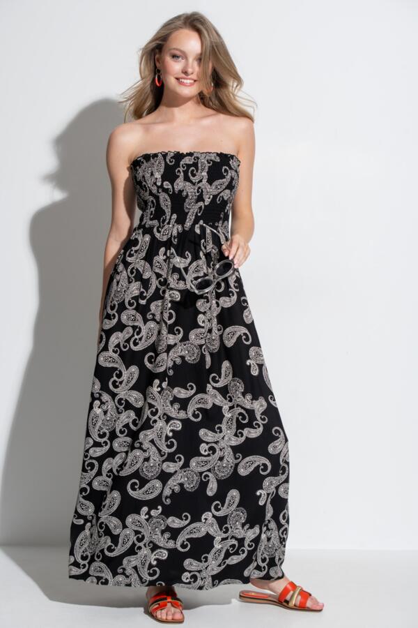 Strapless Shirred Bodice Maxi Beach Dress - Black Paisley