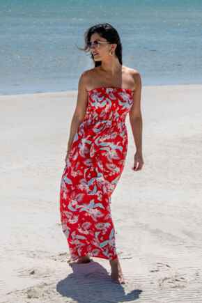 Strapless Shirred Bodice Maxi Beach Dress - Red Tropical