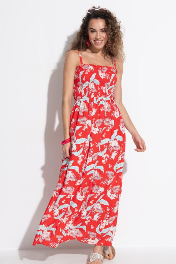 Strapless Shirred Bodice Maxi Beach Dress