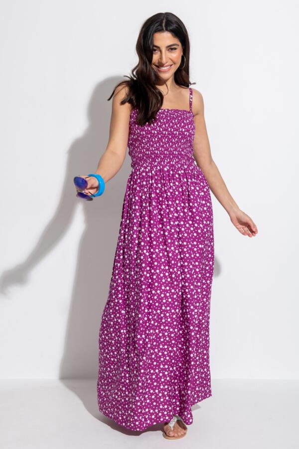 Strapless Shirred Bodice Maxi Beach Dress - Violet/White