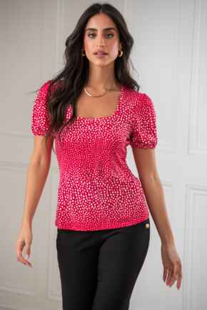 Birdie Square Neck Slinky Puff Sleeve Stretch Top - Red/White